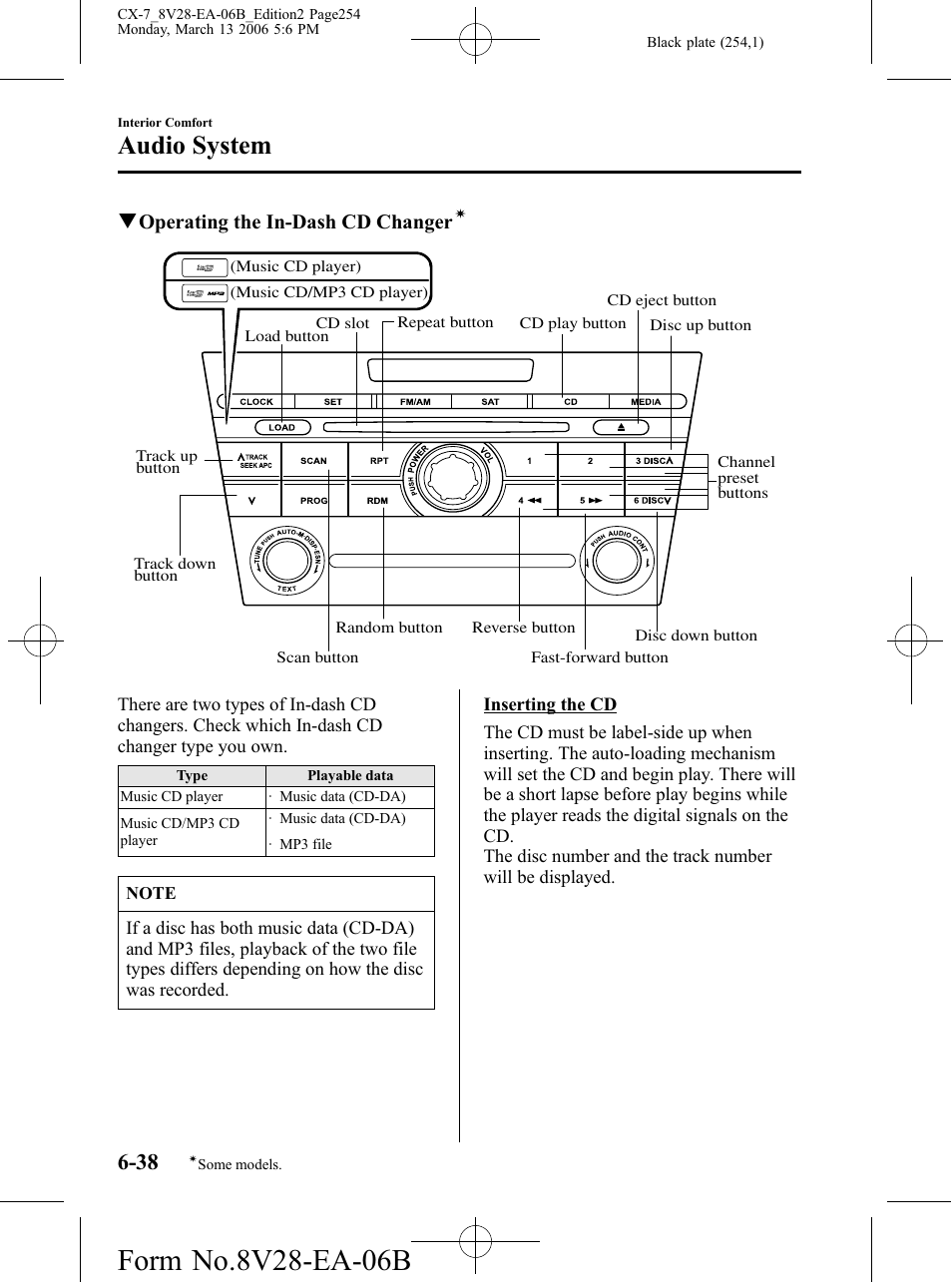 Audio system, Qoperating the in-dash cd changer | Mazda 2007 CX-7 User Manual | Page 254 / 406