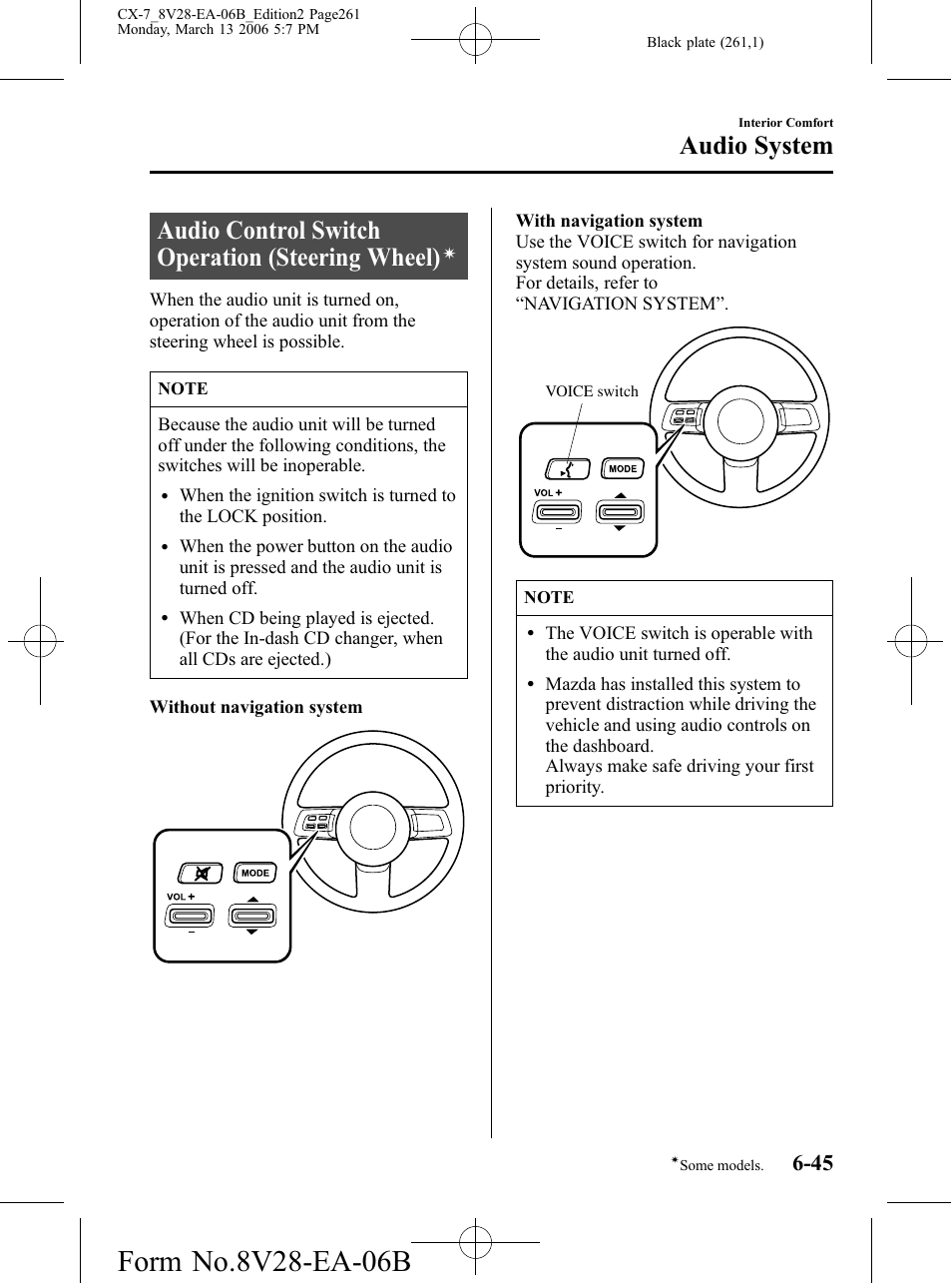 Audio control switch operation (steering wheel), Audio system | Mazda 2007 CX-7 User Manual | Page 261 / 406
