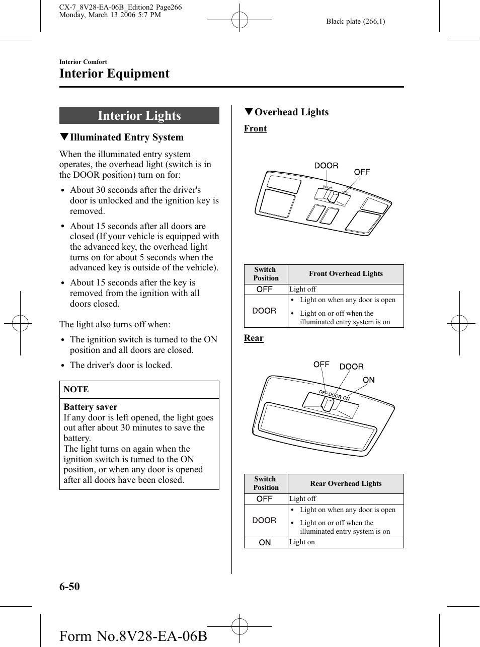 Interior lights, Interior lights -50, Interior equipment | Qilluminated entry system, Qoverhead lights | Mazda 2007 CX-7 User Manual | Page 266 / 406