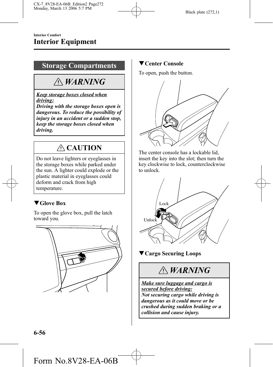 Storage compartments, Storage compartments -56, Warning | Caution, Interior equipment | Mazda 2007 CX-7 User Manual | Page 272 / 406