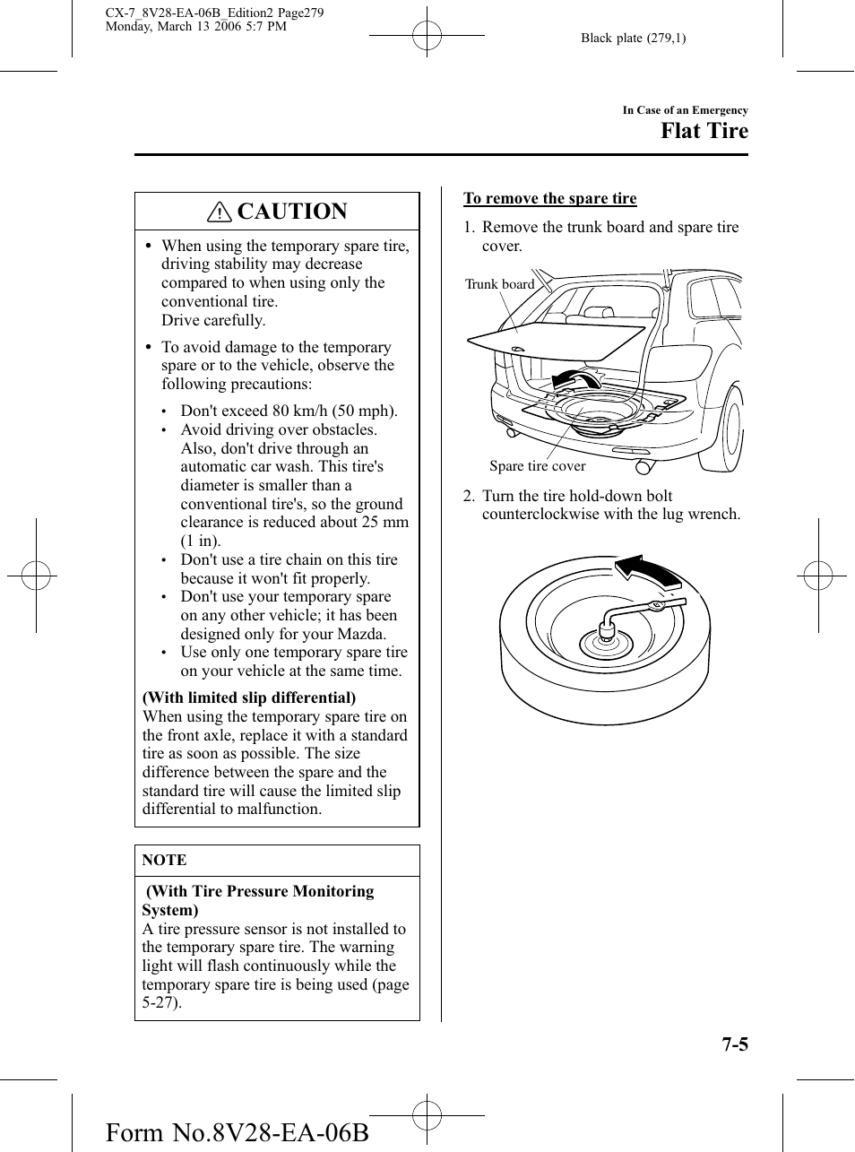 Caution, Flat tire | Mazda 2007 CX-7 User Manual | Page 279 / 406