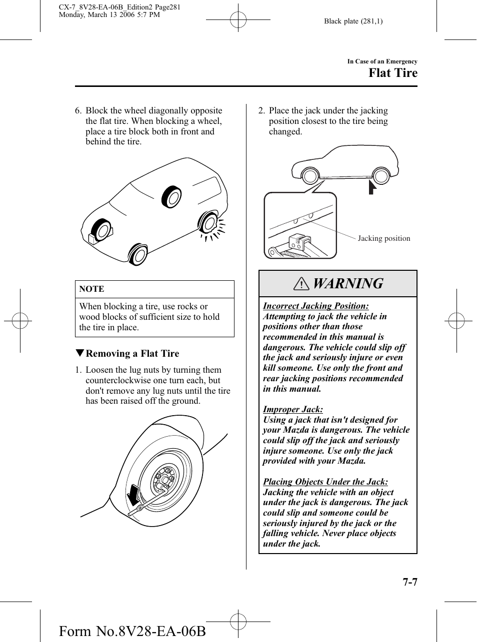 Warning, Flat tire | Mazda 2007 CX-7 User Manual | Page 281 / 406