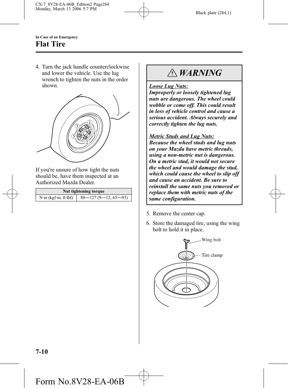 Warning, Flat tire | Mazda 2007 CX-7 User Manual | Page 284 / 406