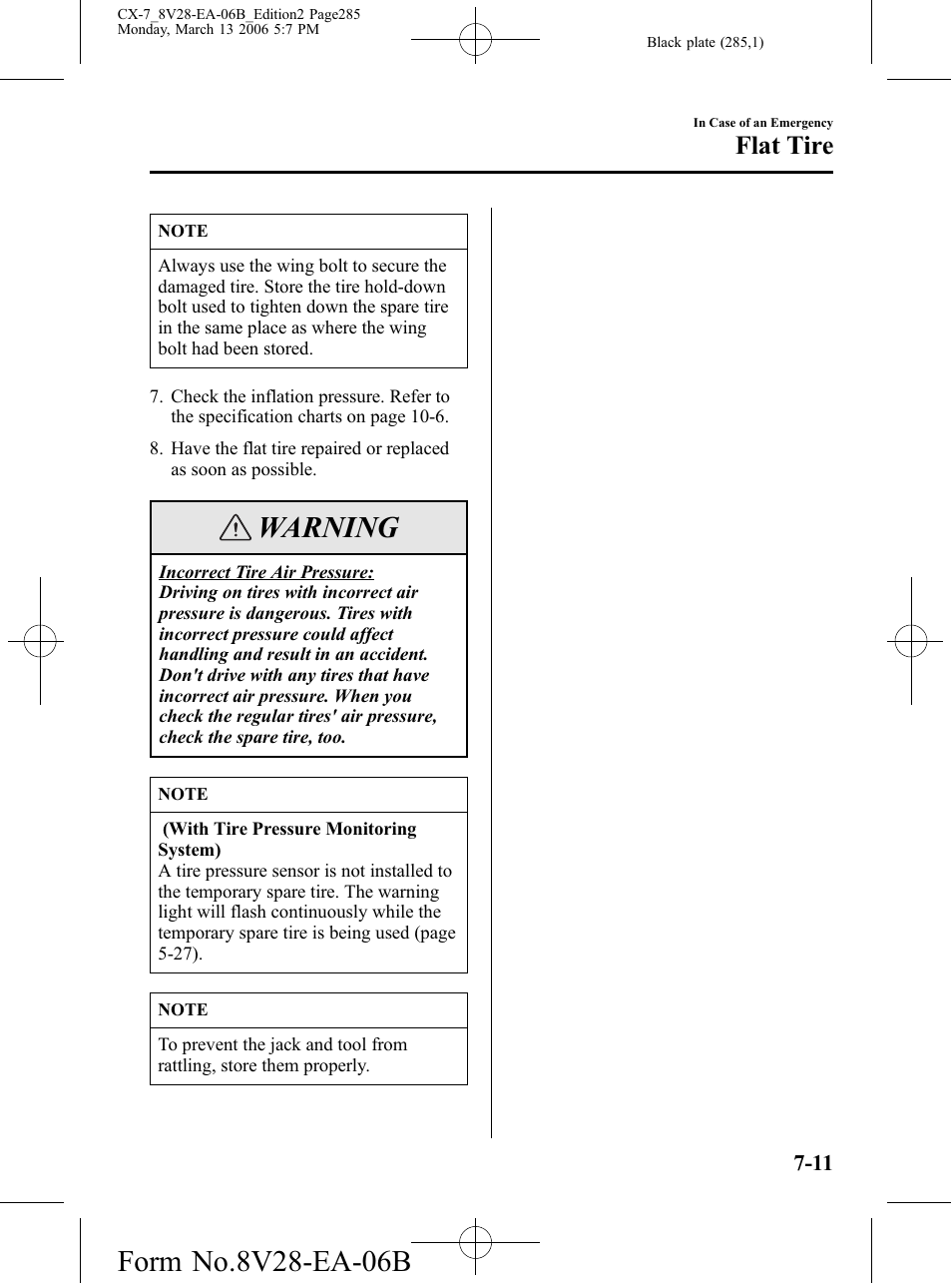 Warning, Flat tire | Mazda 2007 CX-7 User Manual | Page 285 / 406