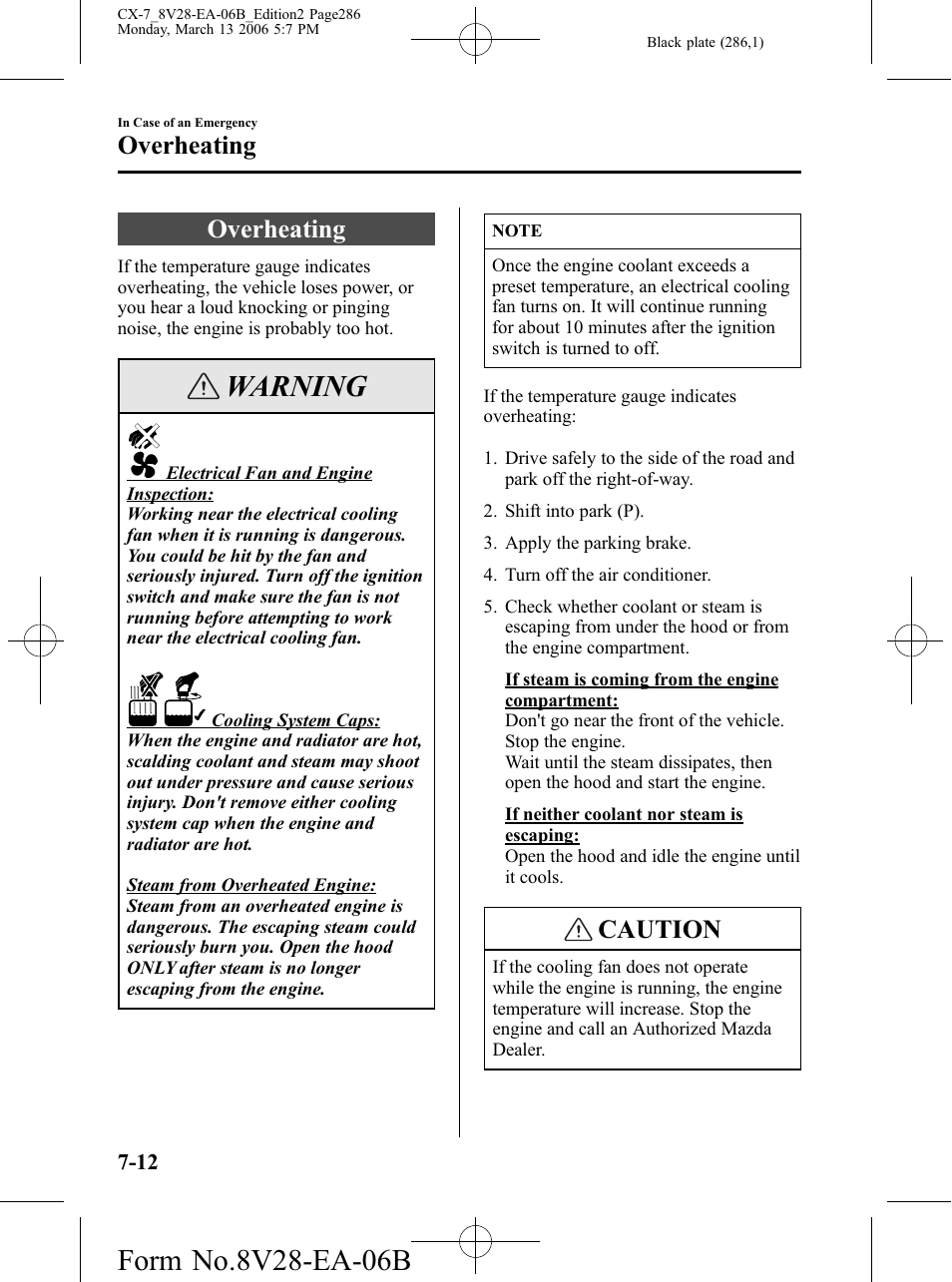 Overheating, Overheating -12, Warning | Caution | Mazda 2007 CX-7 User Manual | Page 286 / 406
