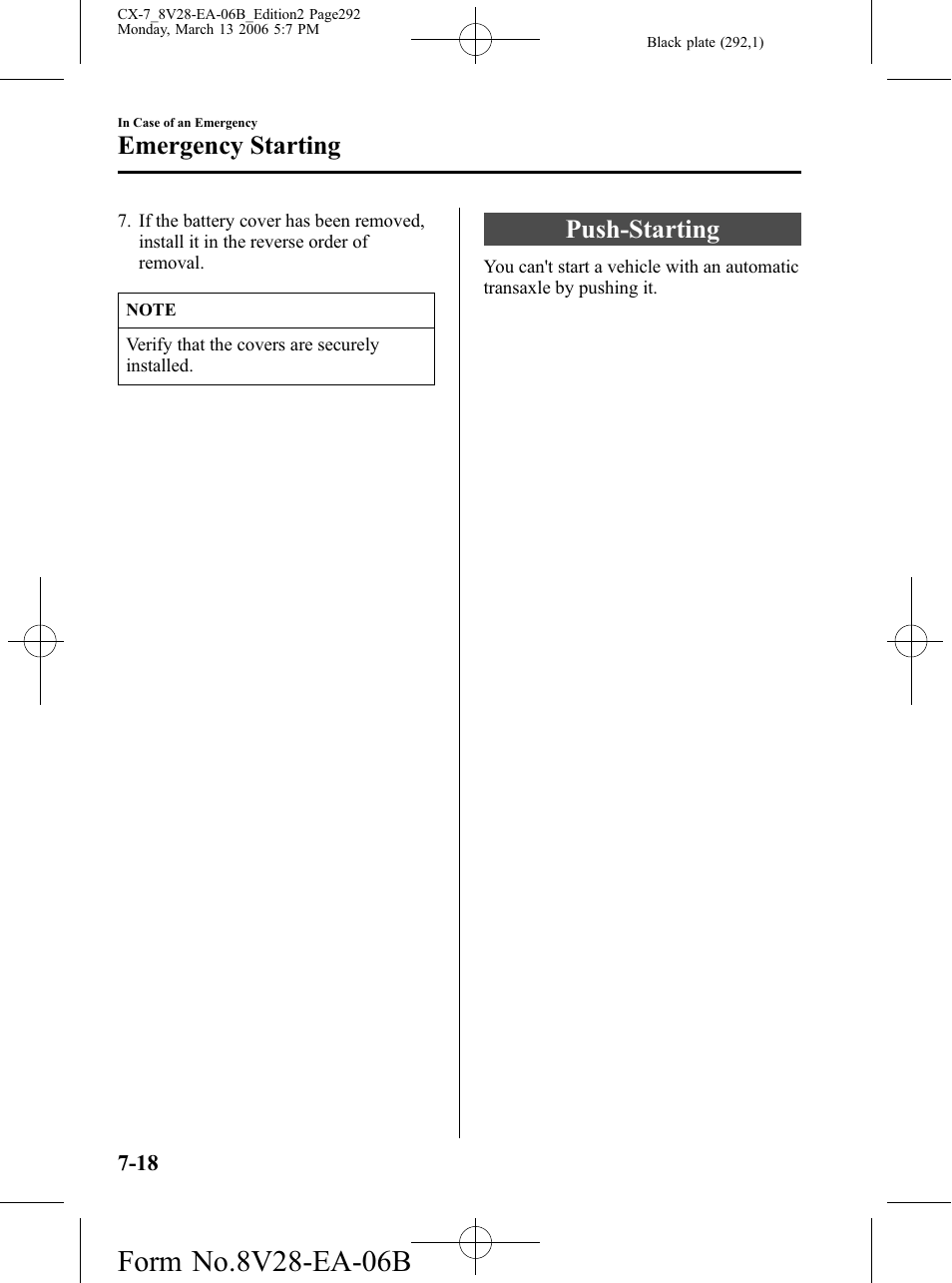 Push-starting, Push-starting -18, Emergency starting | Mazda 2007 CX-7 User Manual | Page 292 / 406