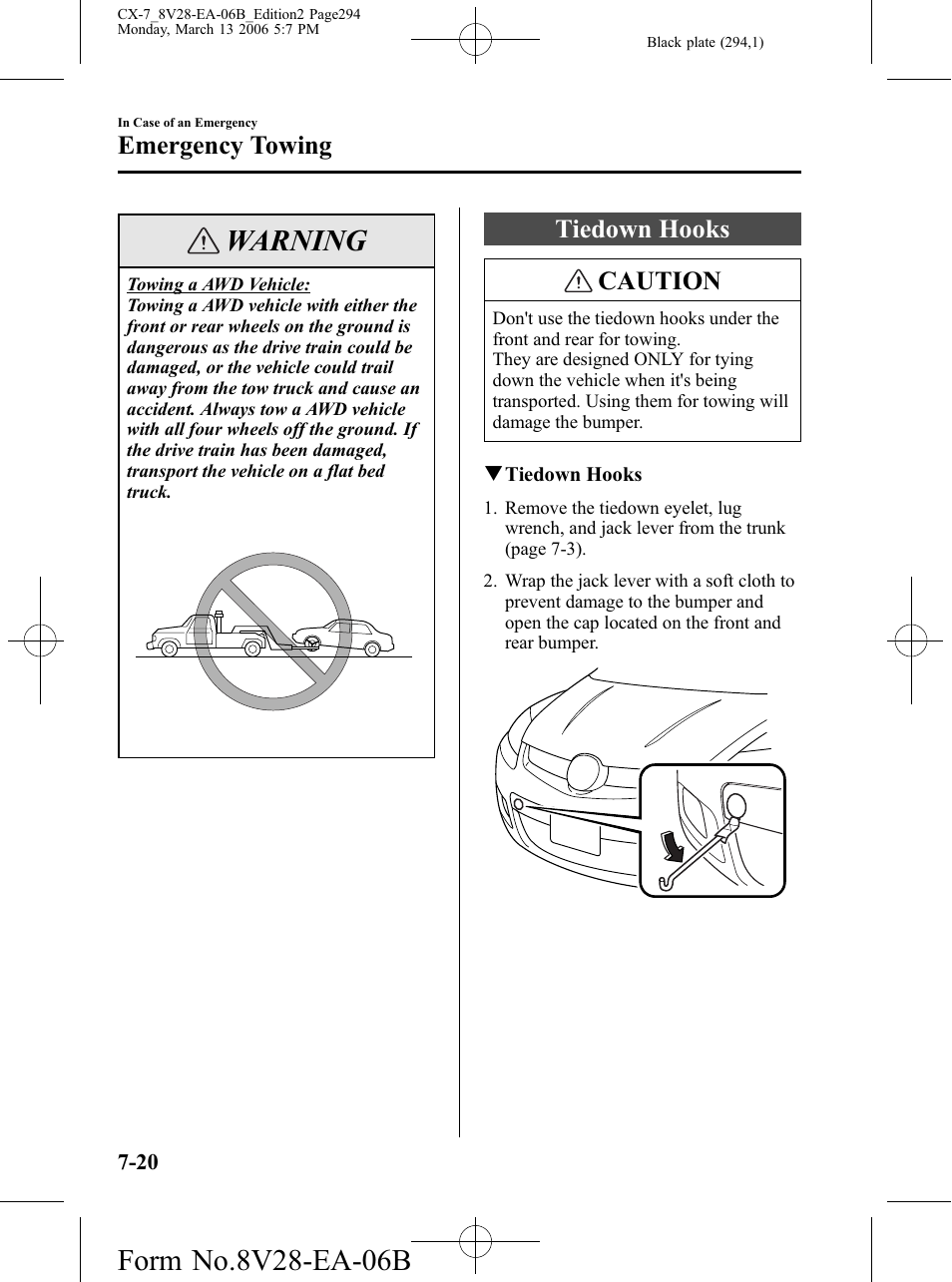 Tiedown hooks, Tiedown hooks -20, Warning | Tiedown hooks caution, Emergency towing | Mazda 2007 CX-7 User Manual | Page 294 / 406