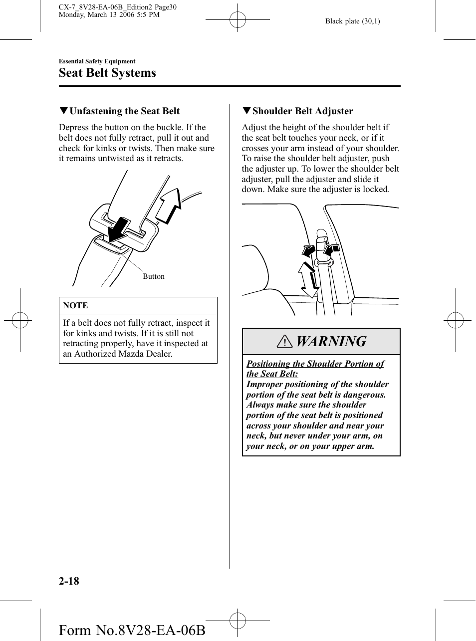 Warning, Seat belt systems | Mazda 2007 CX-7 User Manual | Page 30 / 406