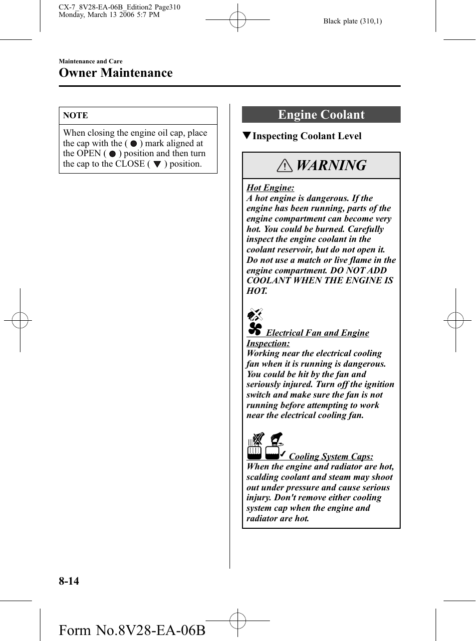 Engine coolant, Engine coolant -14, Warning | Owner maintenance | Mazda 2007 CX-7 User Manual | Page 310 / 406