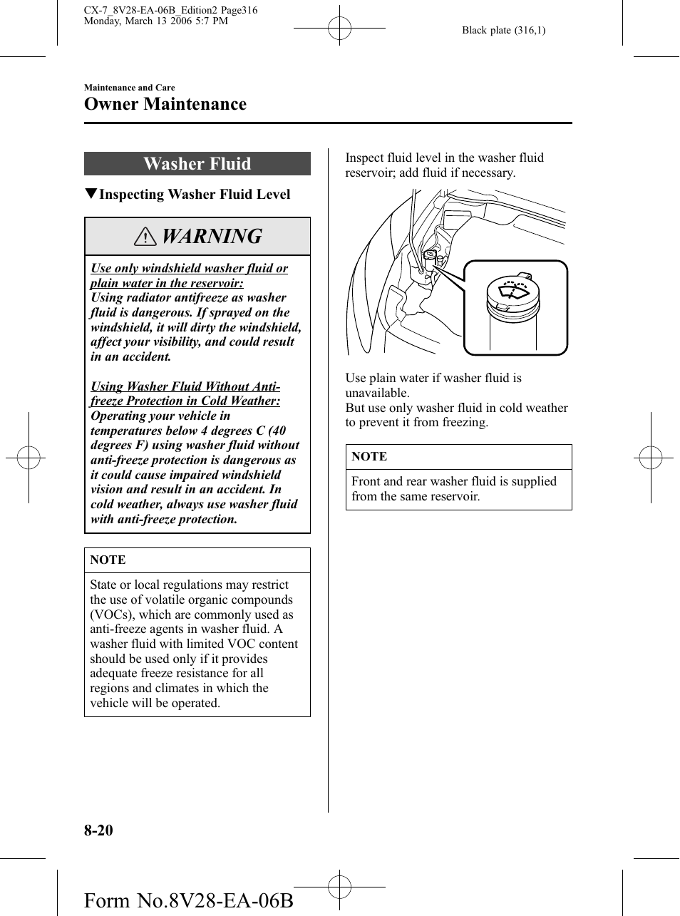 Washer fluid, Washer fluid -20, Warning | Owner maintenance | Mazda 2007 CX-7 User Manual | Page 316 / 406