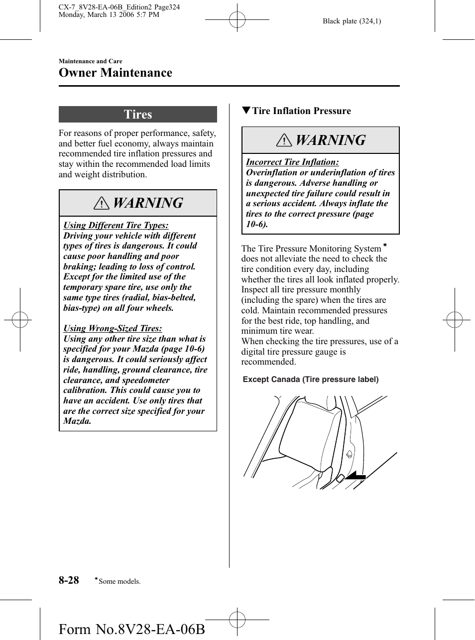 Tires, Tires -28, Warning | Owner maintenance | Mazda 2007 CX-7 User Manual | Page 324 / 406