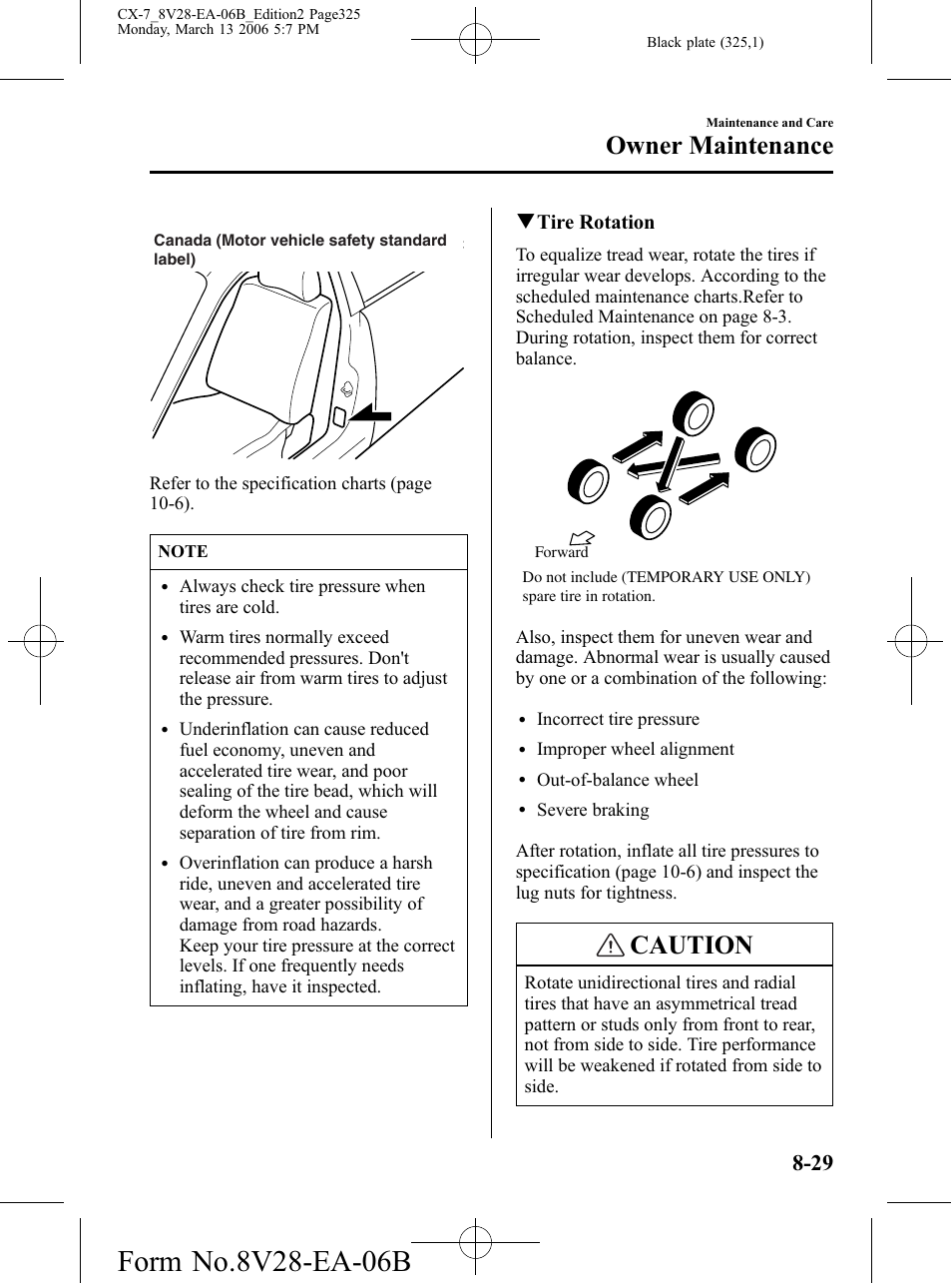 Caution, Owner maintenance, Qtire rotation | Mazda 2007 CX-7 User Manual | Page 325 / 406