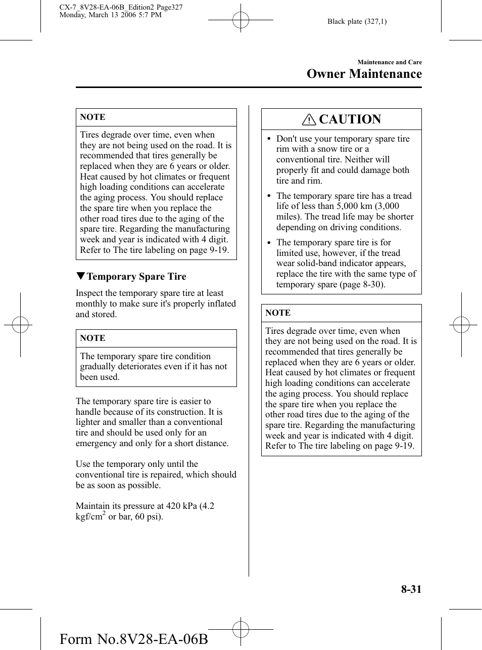 Caution, Owner maintenance | Mazda 2007 CX-7 User Manual | Page 327 / 406