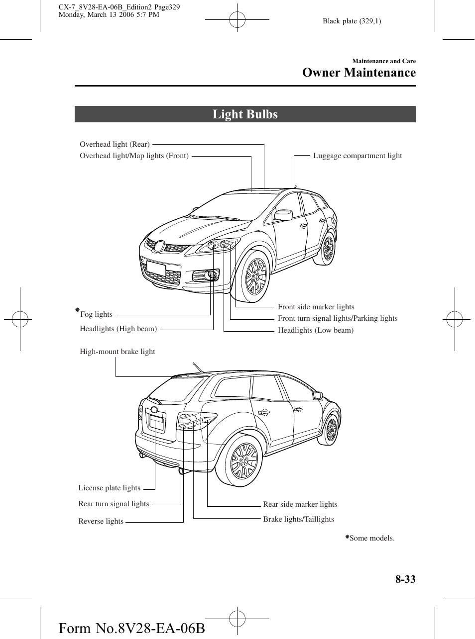 Light bulbs, Light bulbs -33, Owner maintenance | Mazda 2007 CX-7 User Manual | Page 329 / 406