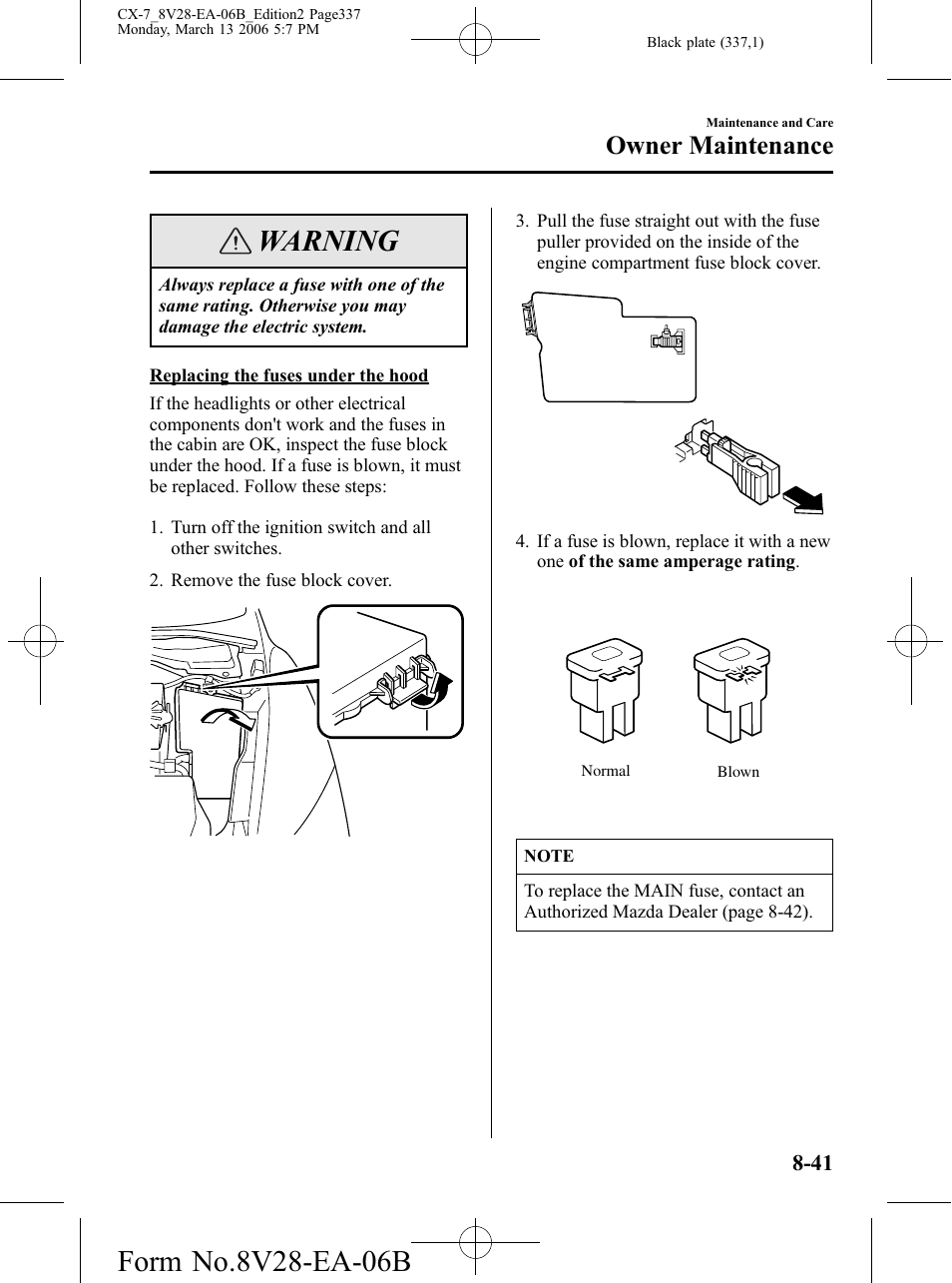 Warning, Owner maintenance | Mazda 2007 CX-7 User Manual | Page 337 / 406