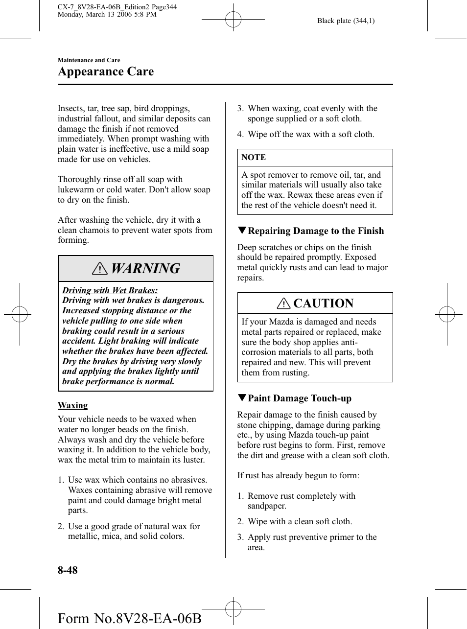 Warning, Caution, Appearance care | Mazda 2007 CX-7 User Manual | Page 344 / 406