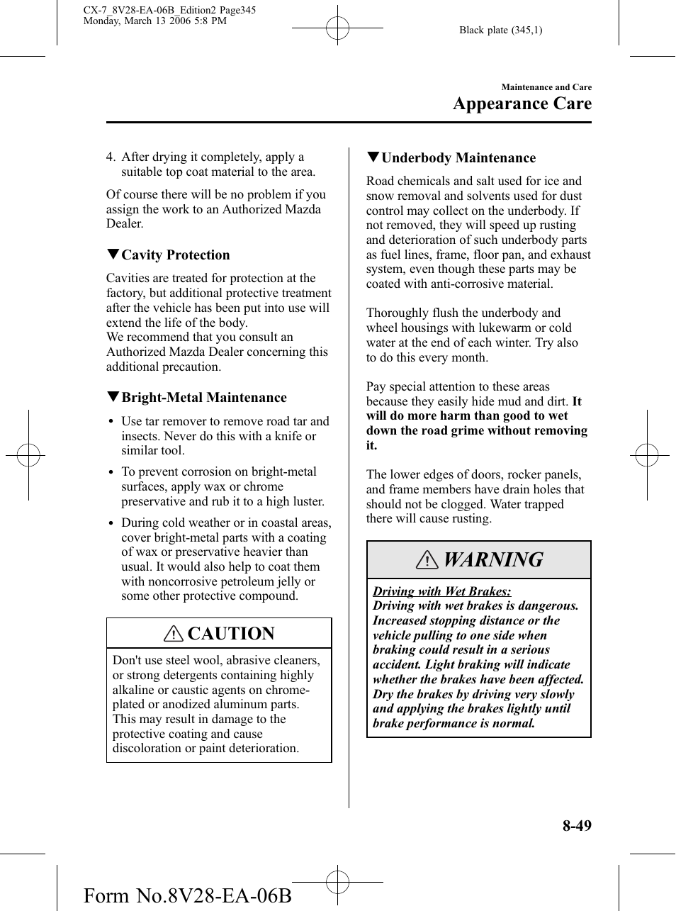 Warning, Caution, Appearance care | Mazda 2007 CX-7 User Manual | Page 345 / 406