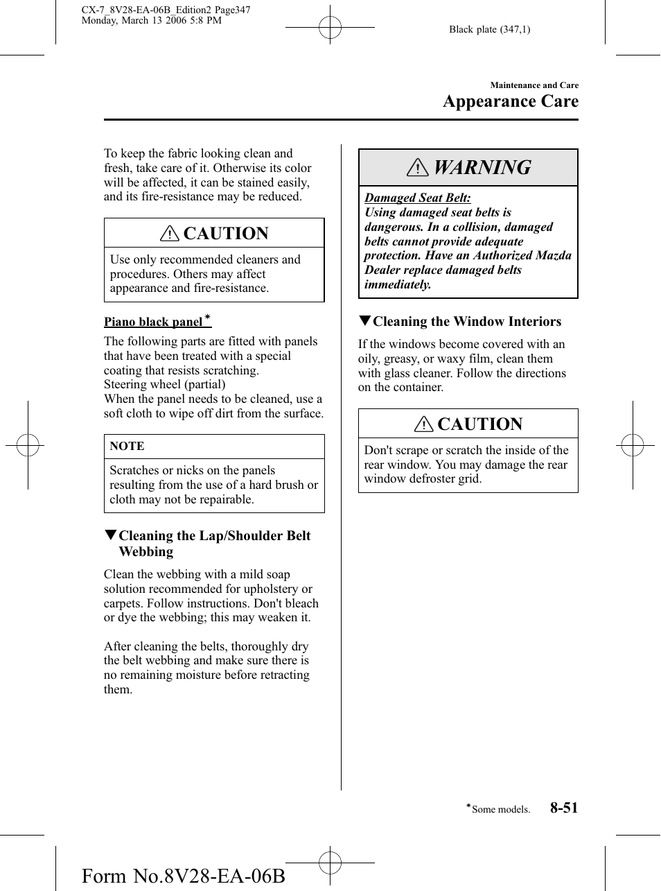 Warning, Caution, Appearance care | Mazda 2007 CX-7 User Manual | Page 347 / 406