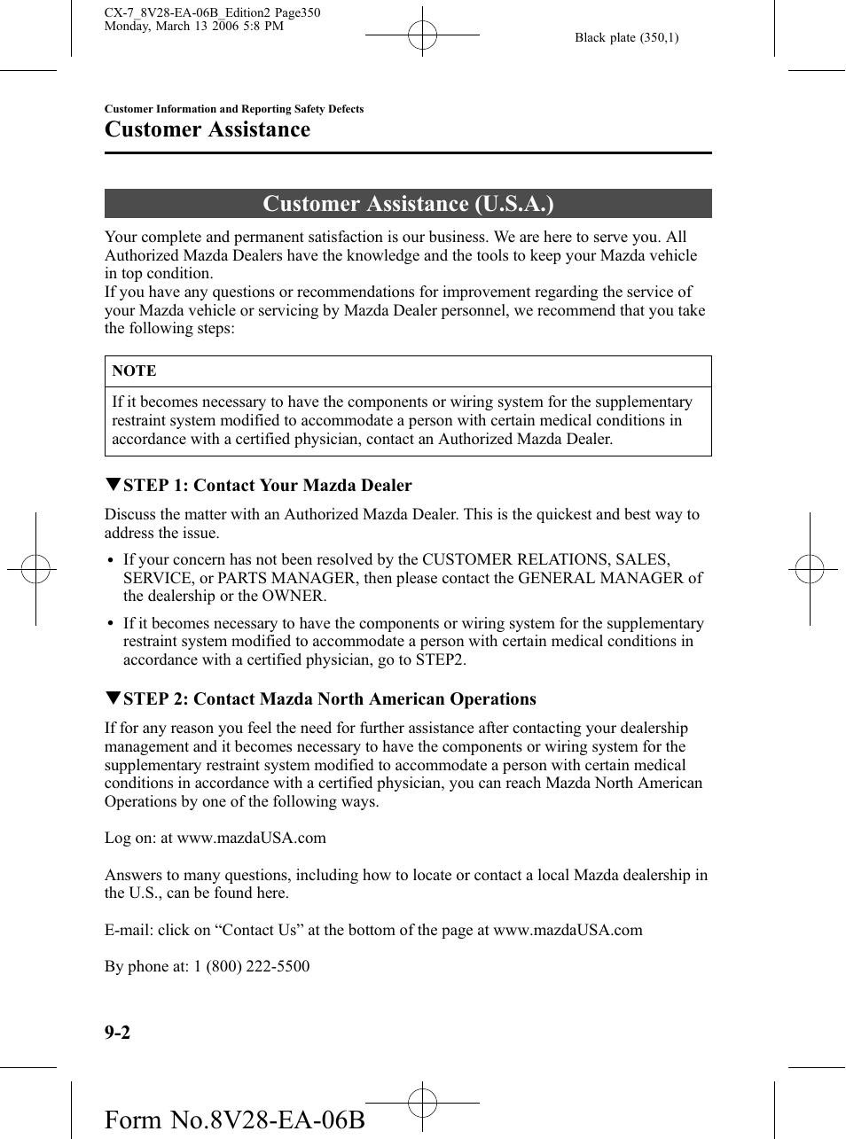Customer assistance, Customer assistance (u.s.a.), Customer assistance -2 | Customer assistance (u.s.a.) -2 | Mazda 2007 CX-7 User Manual | Page 350 / 406