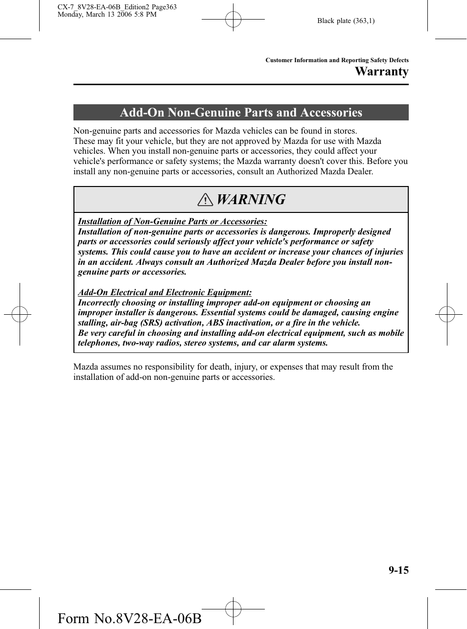 Add-on non-genuine parts and accessories, Add-on non-genuine parts and accessories -15, Warning | Warranty | Mazda 2007 CX-7 User Manual | Page 363 / 406