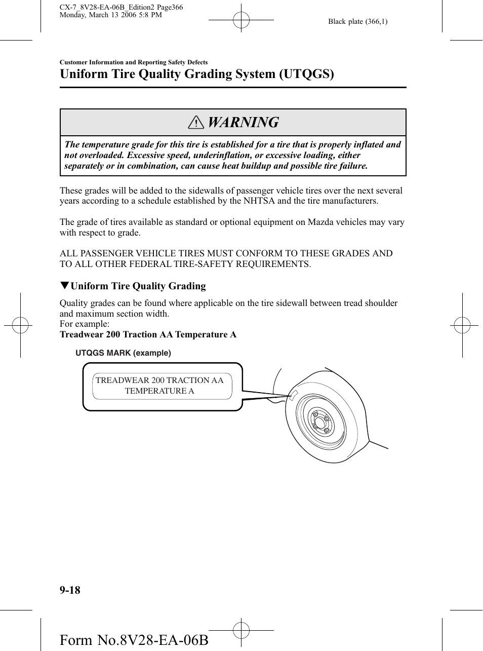 Warning, Uniform tire quality grading system (utqgs) | Mazda 2007 CX-7 User Manual | Page 366 / 406