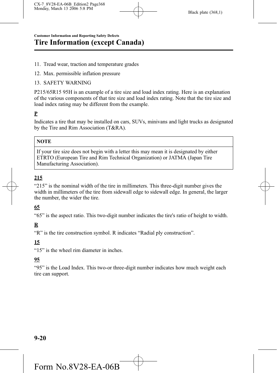 Tire information (except canada) | Mazda 2007 CX-7 User Manual | Page 368 / 406