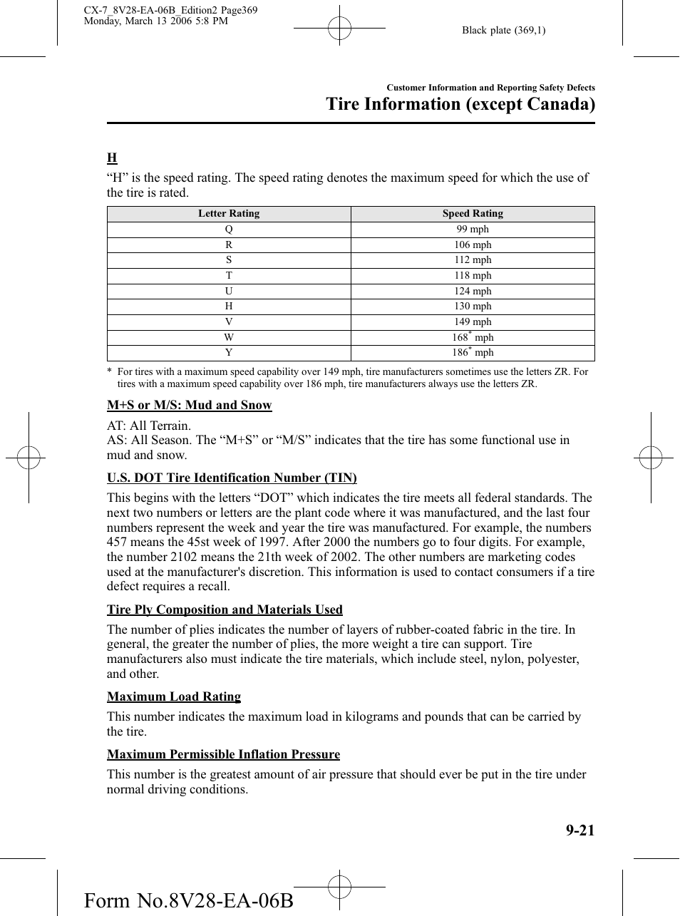 Tire information (except canada) | Mazda 2007 CX-7 User Manual | Page 369 / 406