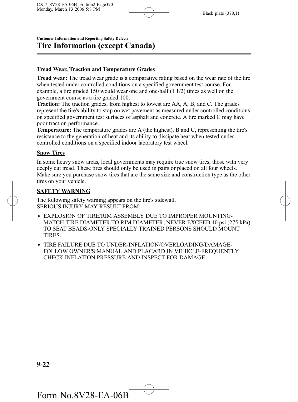 Tire information (except canada) | Mazda 2007 CX-7 User Manual | Page 370 / 406