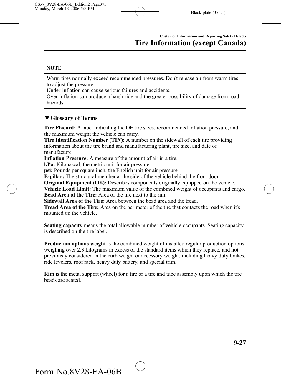 Tire information (except canada) | Mazda 2007 CX-7 User Manual | Page 375 / 406
