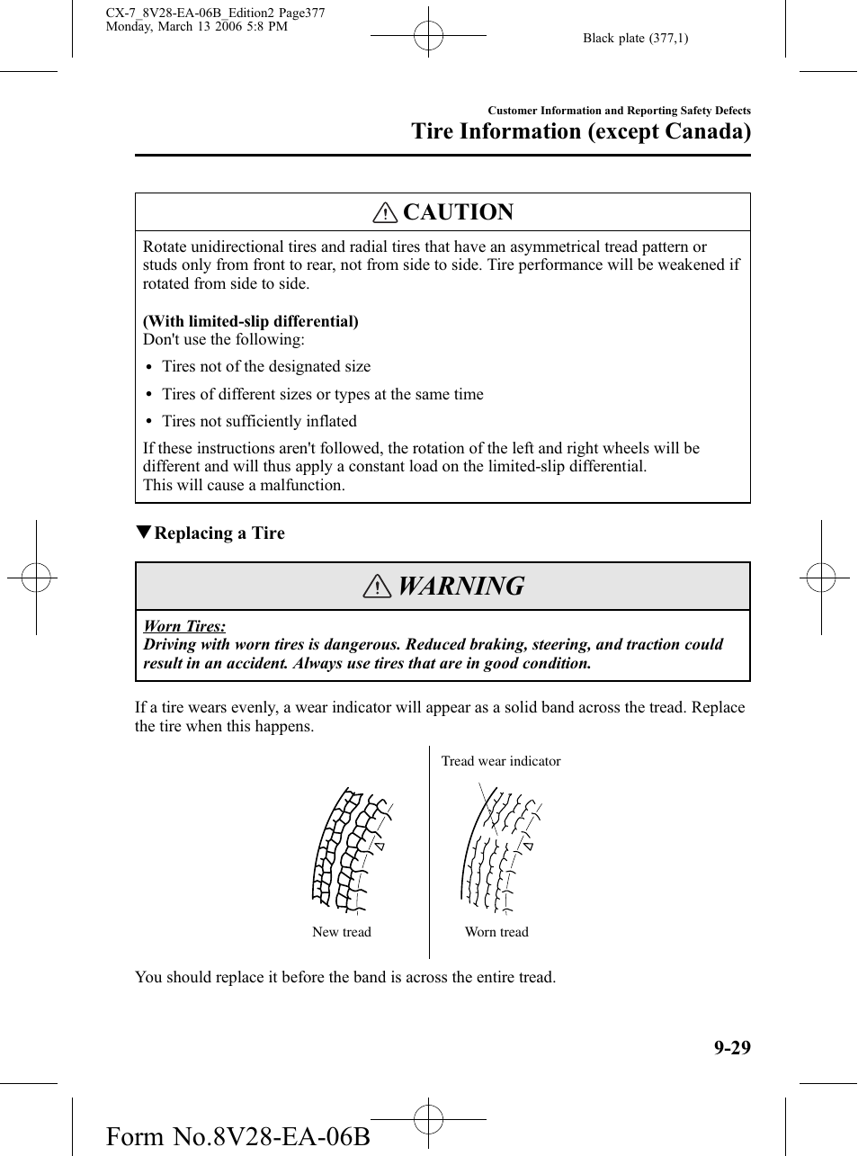 Warning, Caution, Tire information (except canada) | Mazda 2007 CX-7 User Manual | Page 377 / 406