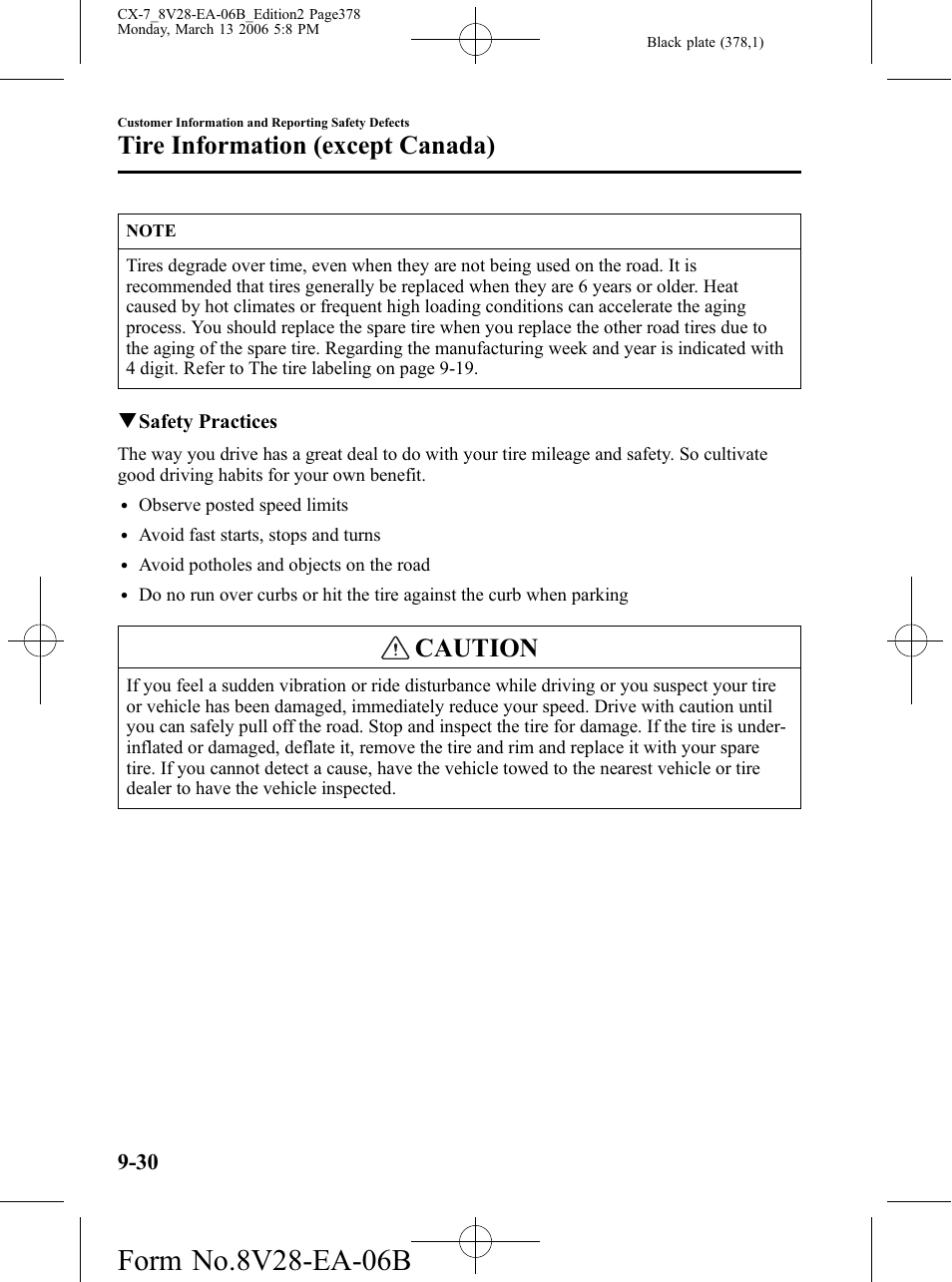 Caution, Tire information (except canada) | Mazda 2007 CX-7 User Manual | Page 378 / 406