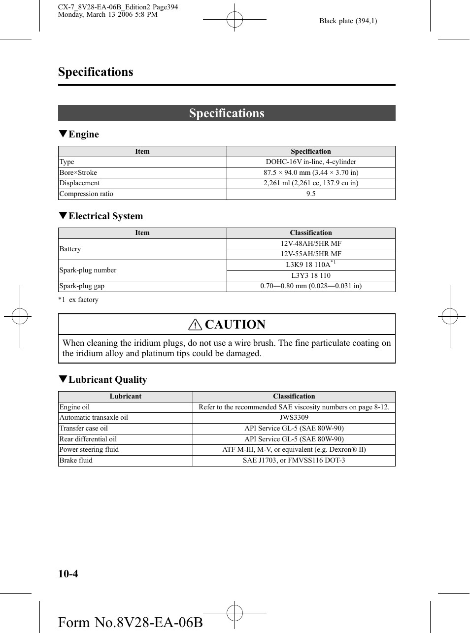 Specifications, Specifications -4, Caution | Qengine, Qelectrical system, Qlubricant quality | Mazda 2007 CX-7 User Manual | Page 394 / 406