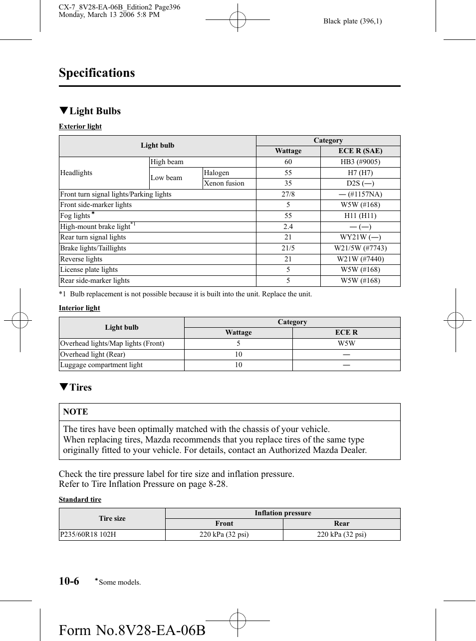 Specifications, Qlight bulbs, Qtires | Mazda 2007 CX-7 User Manual | Page 396 / 406