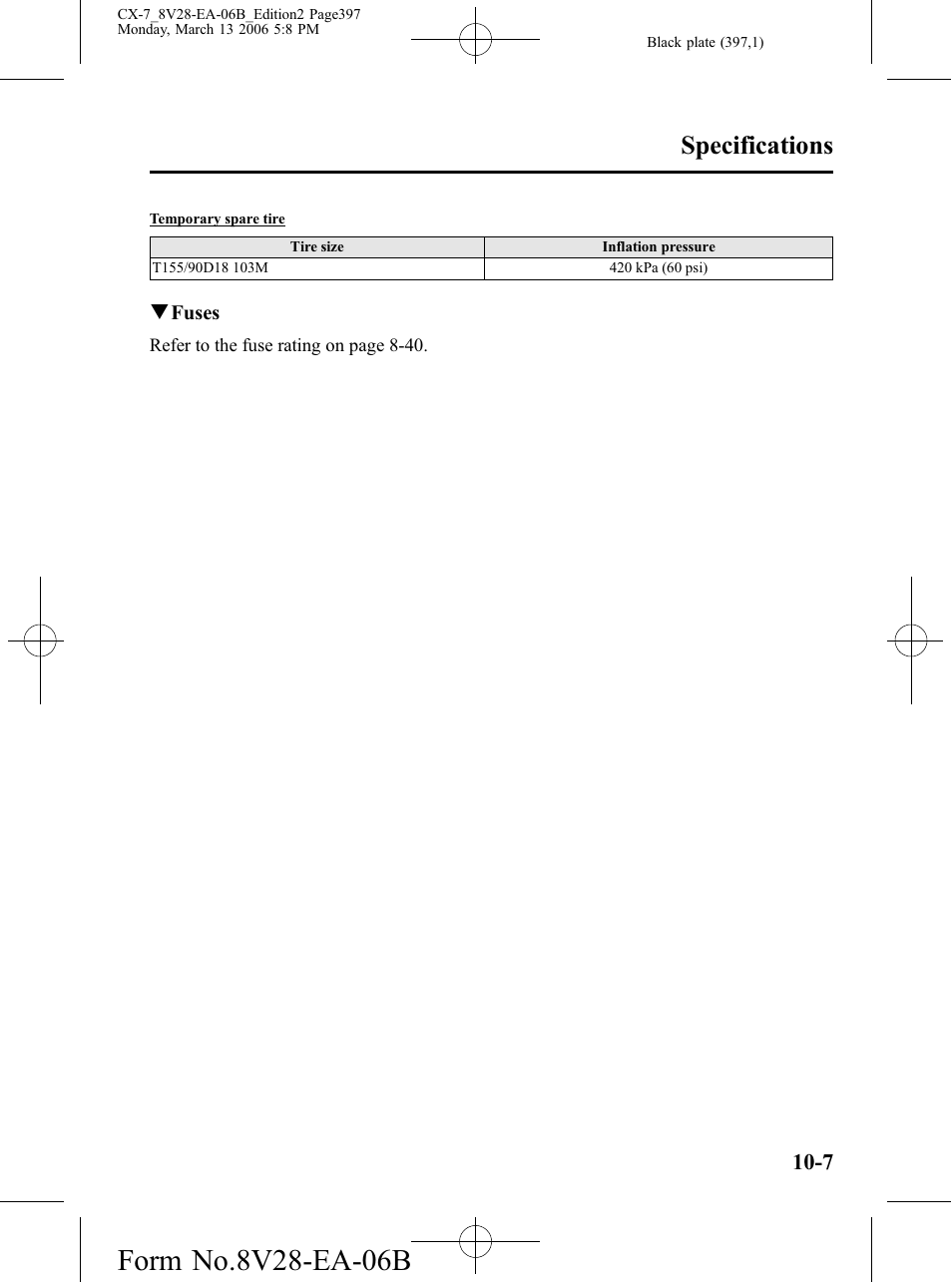Specifications | Mazda 2007 CX-7 User Manual | Page 397 / 406
