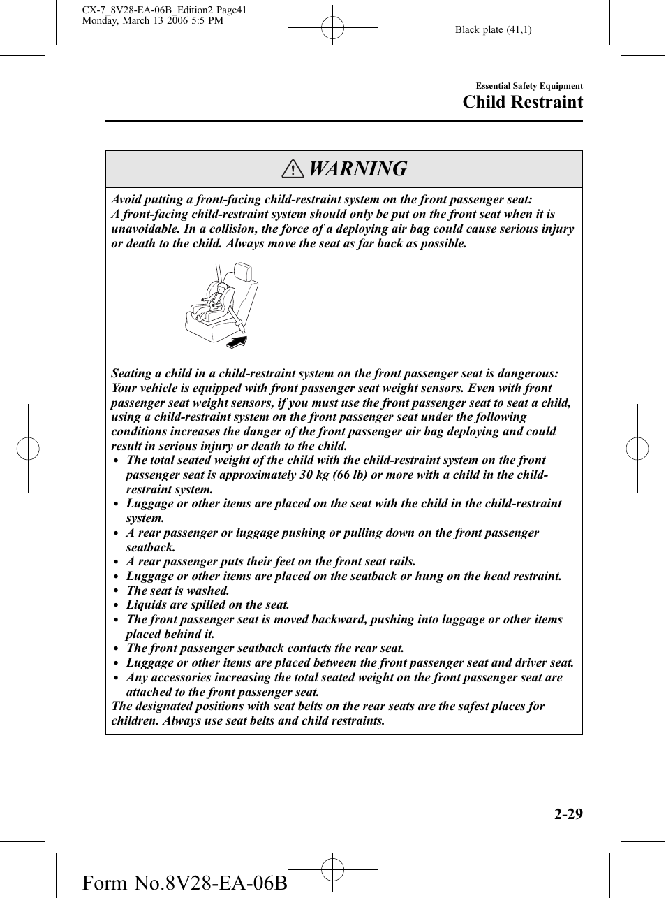 Warning, Child restraint | Mazda 2007 CX-7 User Manual | Page 41 / 406