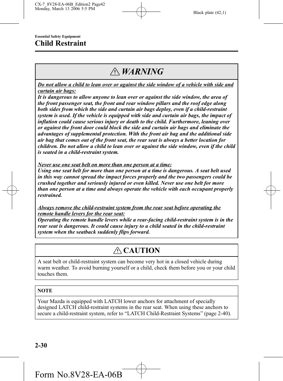 Warning, Caution, Child restraint | Mazda 2007 CX-7 User Manual | Page 42 / 406