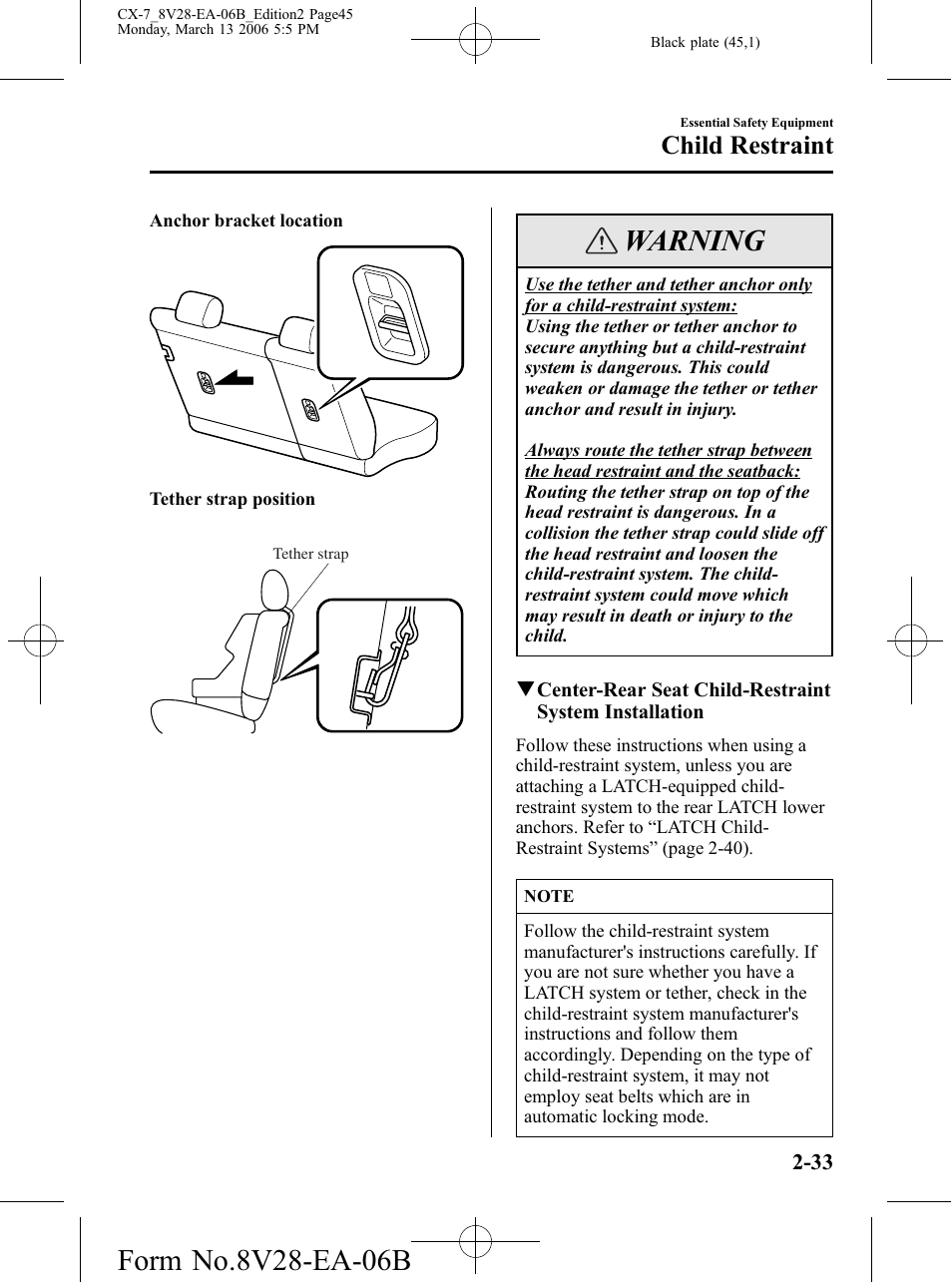 Warning, Child restraint | Mazda 2007 CX-7 User Manual | Page 45 / 406
