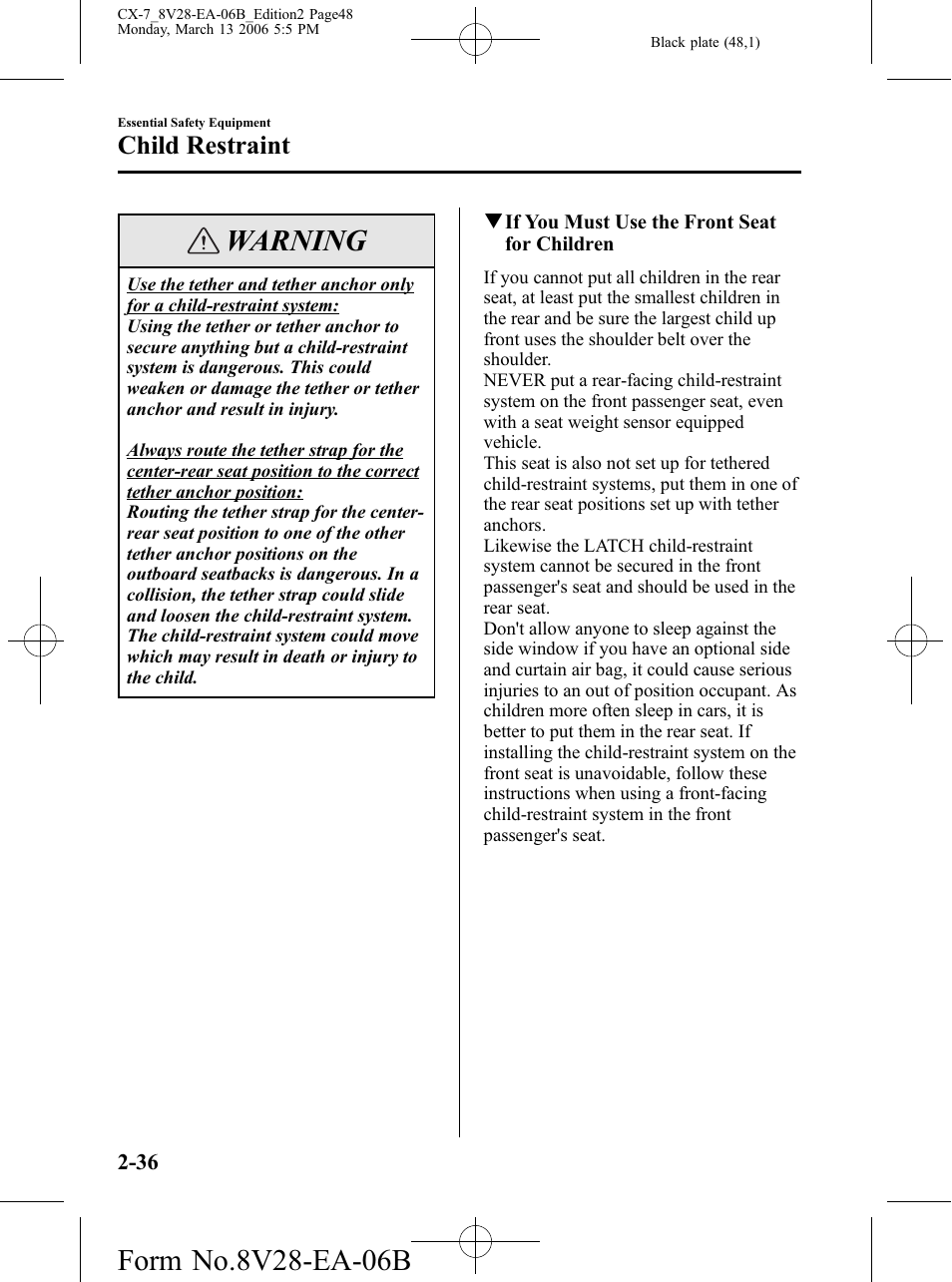 Warning, Child restraint | Mazda 2007 CX-7 User Manual | Page 48 / 406