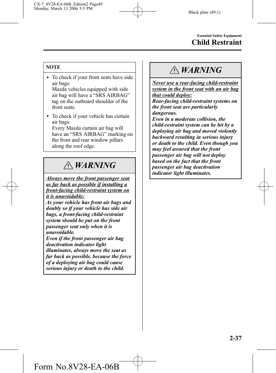 Warning, Child restraint | Mazda 2007 CX-7 User Manual | Page 49 / 406