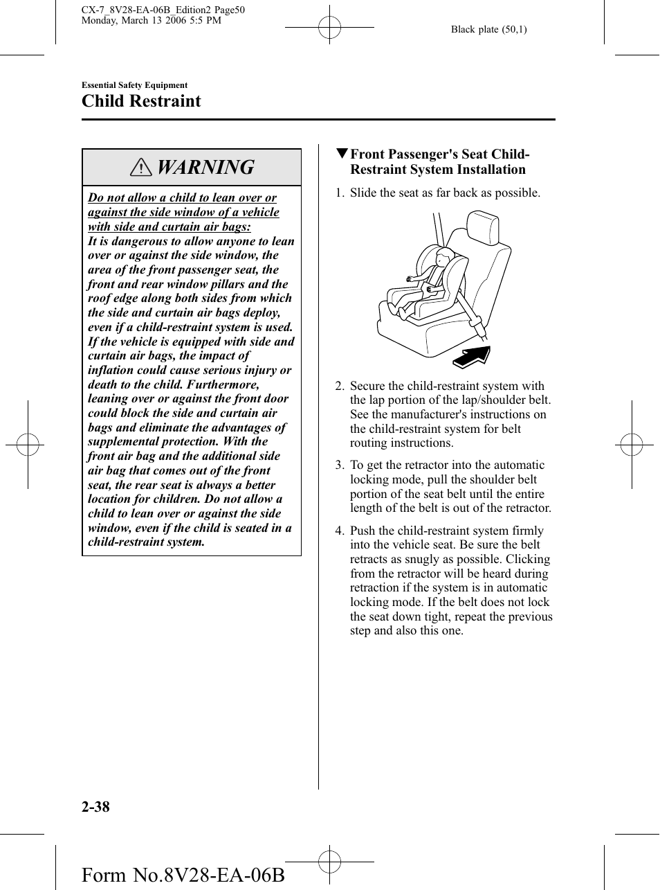 Warning, Child restraint | Mazda 2007 CX-7 User Manual | Page 50 / 406