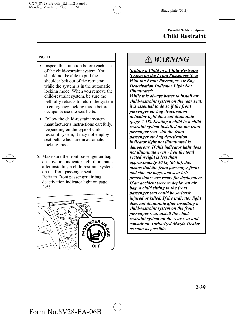 Warning, Child restraint | Mazda 2007 CX-7 User Manual | Page 51 / 406
