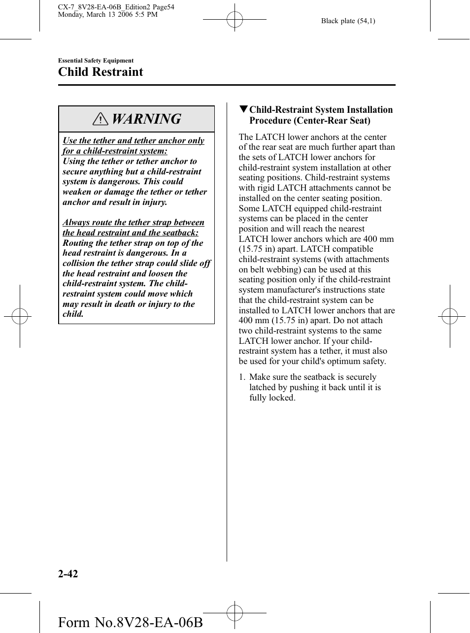 Warning, Child restraint | Mazda 2007 CX-7 User Manual | Page 54 / 406