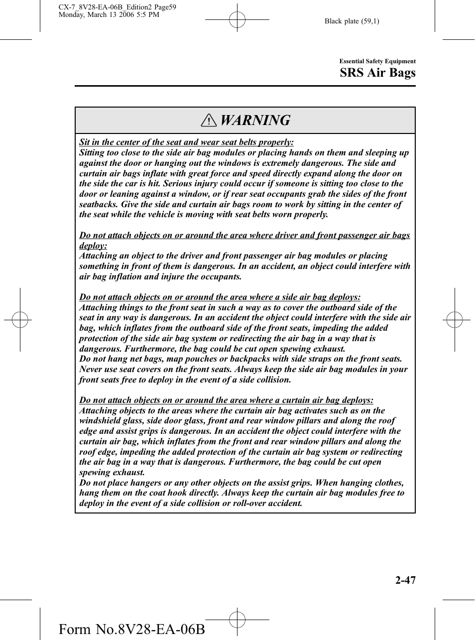 Warning, Srs air bags | Mazda 2007 CX-7 User Manual | Page 59 / 406