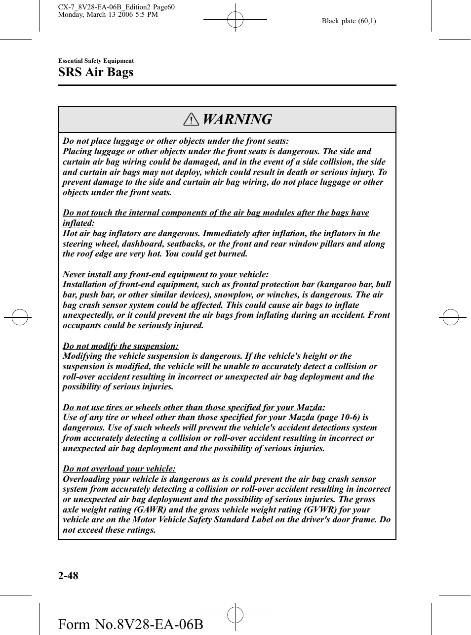 Warning, Srs air bags | Mazda 2007 CX-7 User Manual | Page 60 / 406