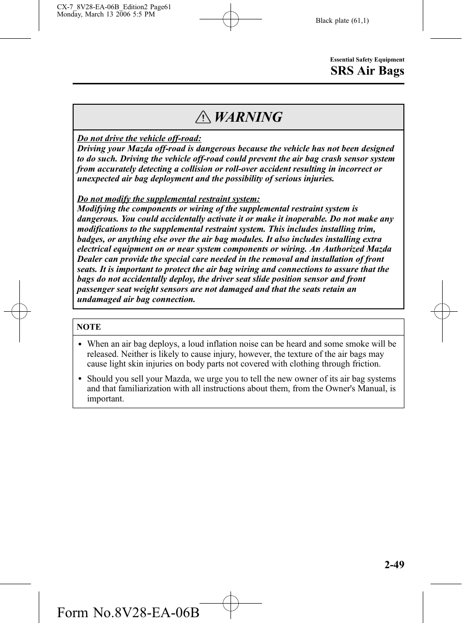 Warning, Srs air bags | Mazda 2007 CX-7 User Manual | Page 61 / 406