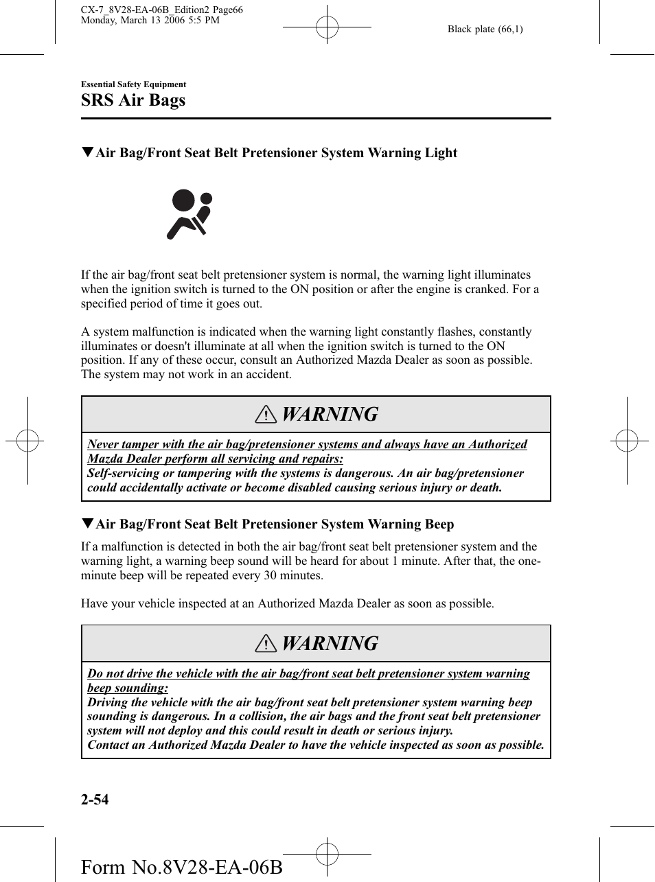 Warning, Srs air bags | Mazda 2007 CX-7 User Manual | Page 66 / 406