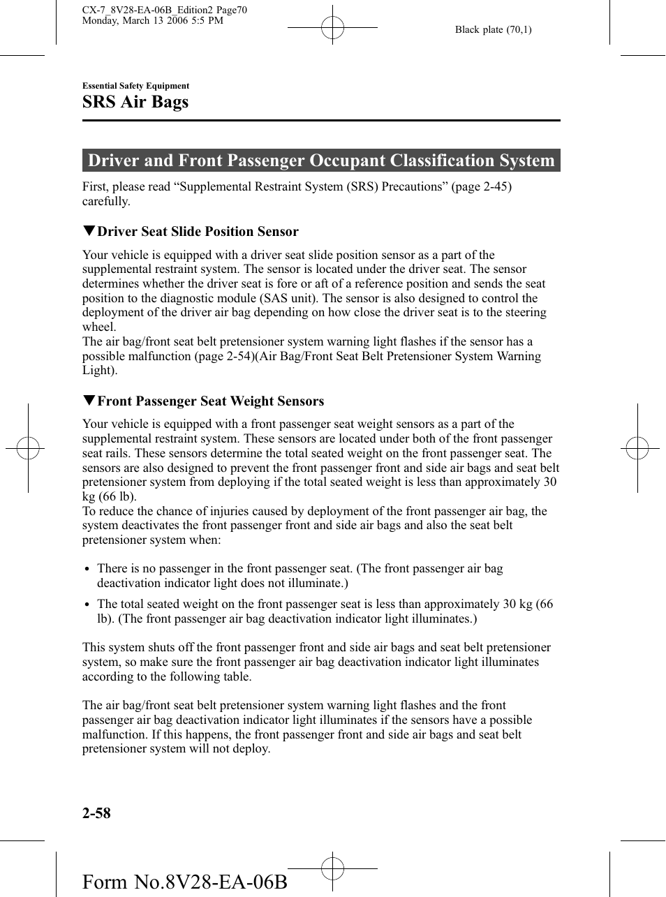 Srs air bags | Mazda 2007 CX-7 User Manual | Page 70 / 406