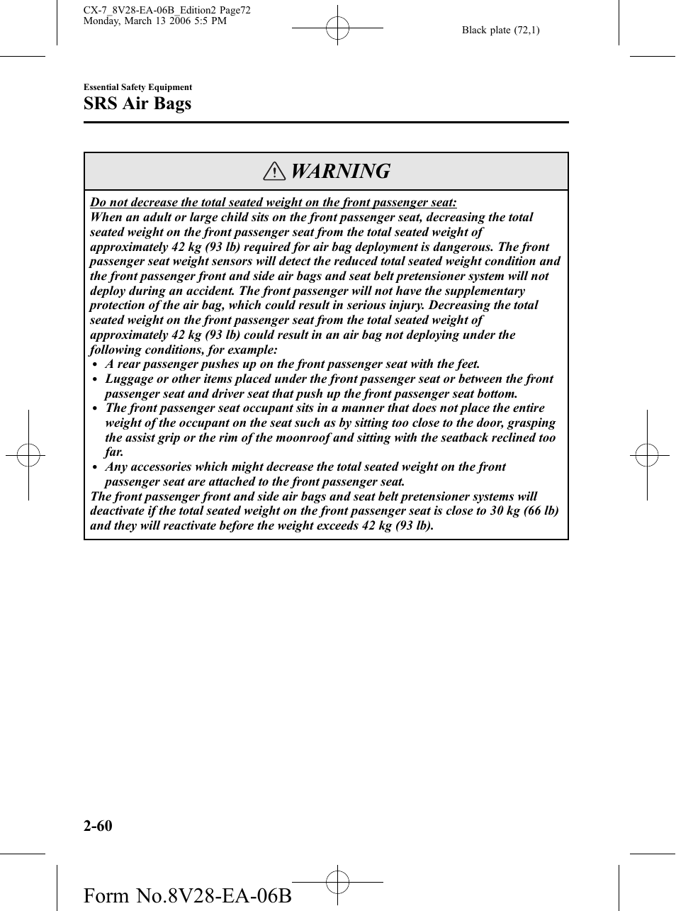 Warning, Srs air bags | Mazda 2007 CX-7 User Manual | Page 72 / 406