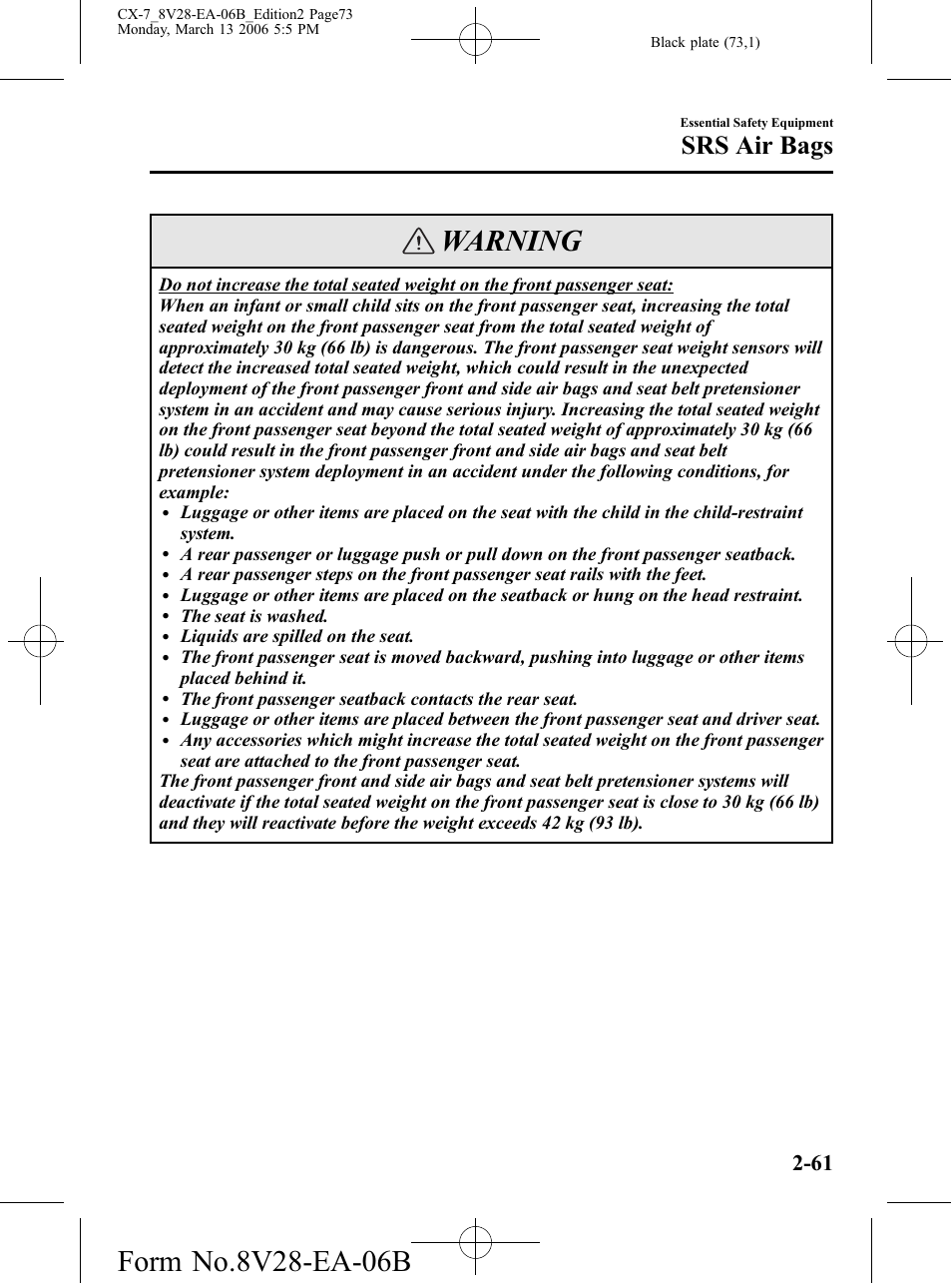 Warning, Srs air bags | Mazda 2007 CX-7 User Manual | Page 73 / 406