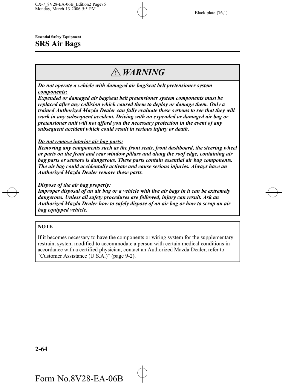 Warning, Srs air bags | Mazda 2007 CX-7 User Manual | Page 76 / 406